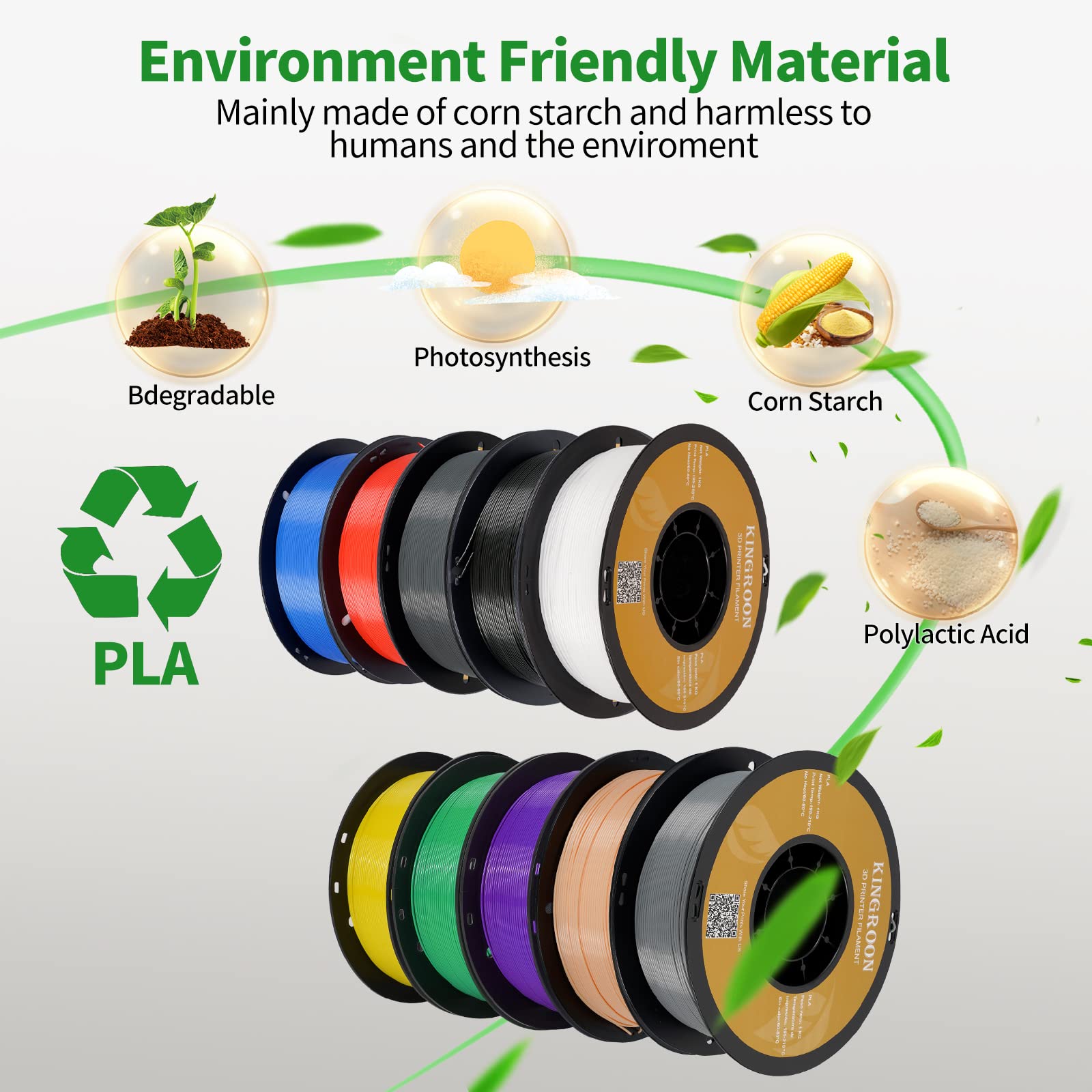 Kingroon PLA Filament 1.75mm, PLA 3D Drucker Filament Maßgenauigkeit +/- 0.03mm, 10KG Spule (22 LBS) PLA Filament für 3D Drucker, Schwarz Weiß Grau Rot Blau Gelb Grün Violett Hautfarbe Silber