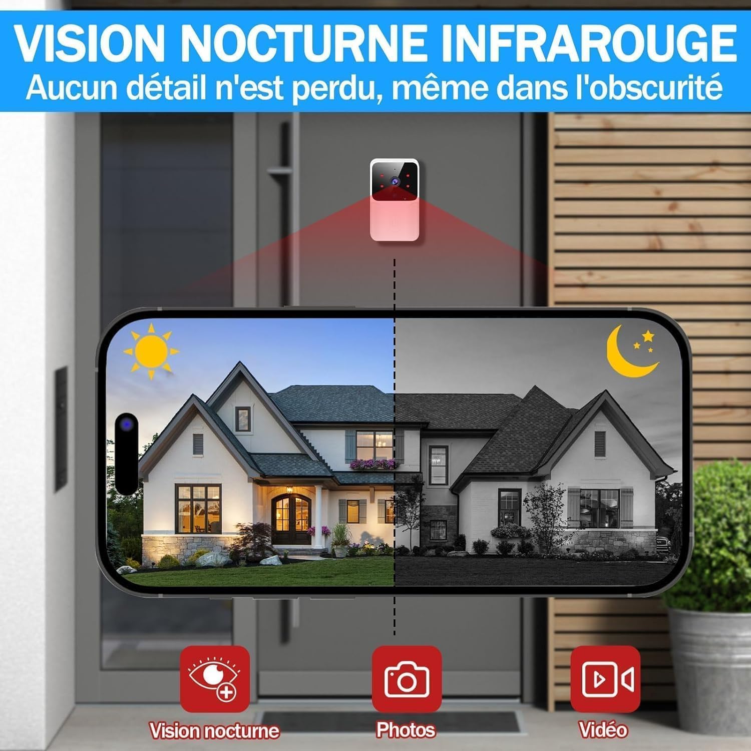 Sonnette sans Fil avec Caméra 1080p, Surveillance Vision Nocturne HD, Interphone Domicile Audio Bidirectionnel