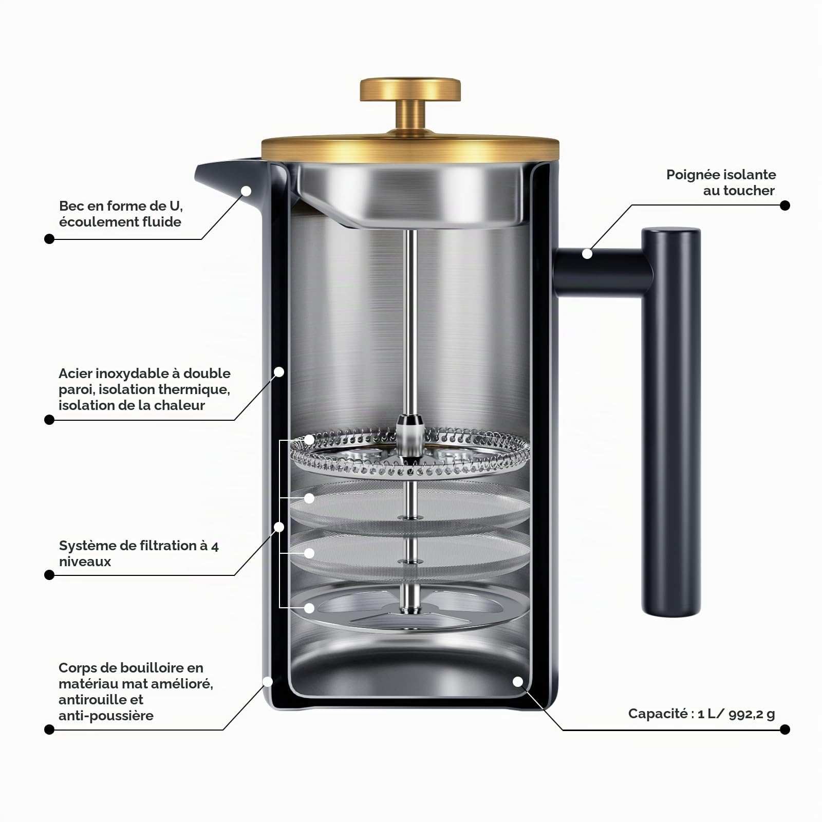 Cafetière à Piston, French Press 1L avec Système de Filtration 4 Couches, Cafetière Française Isolée Double Paroi en Acier Inox pour Maison, Voyage et Camping, Avec Boîte à Café, Noir