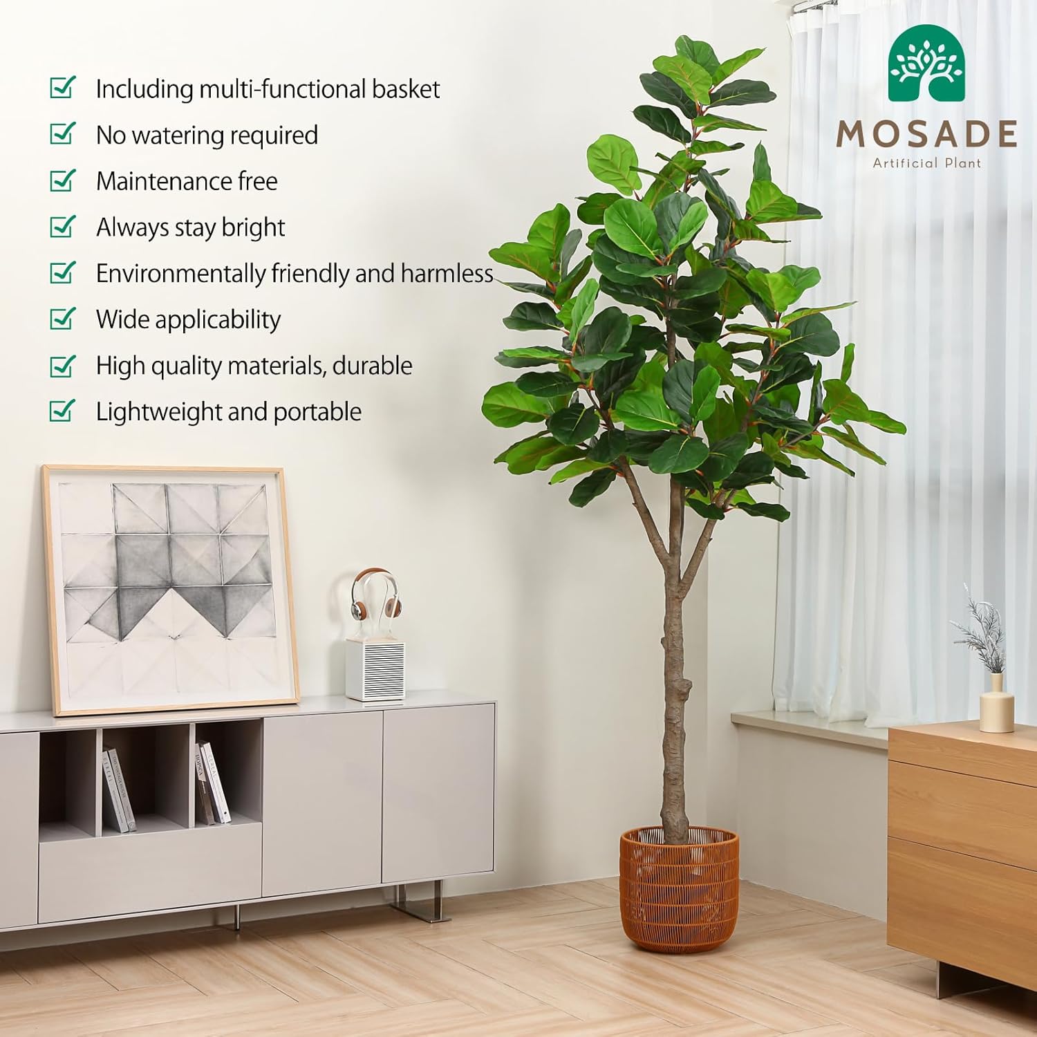 MOSADE Artificial Fiddle Leaf Fig Tree 10 Feet Ficus Lyrata Plant and Handmade Seagrass Basket, Perfect Tall Faux Topiary Silk Tree for Indoor Entryway Decor Home Office Gift 1 120 Inch(10Ft)