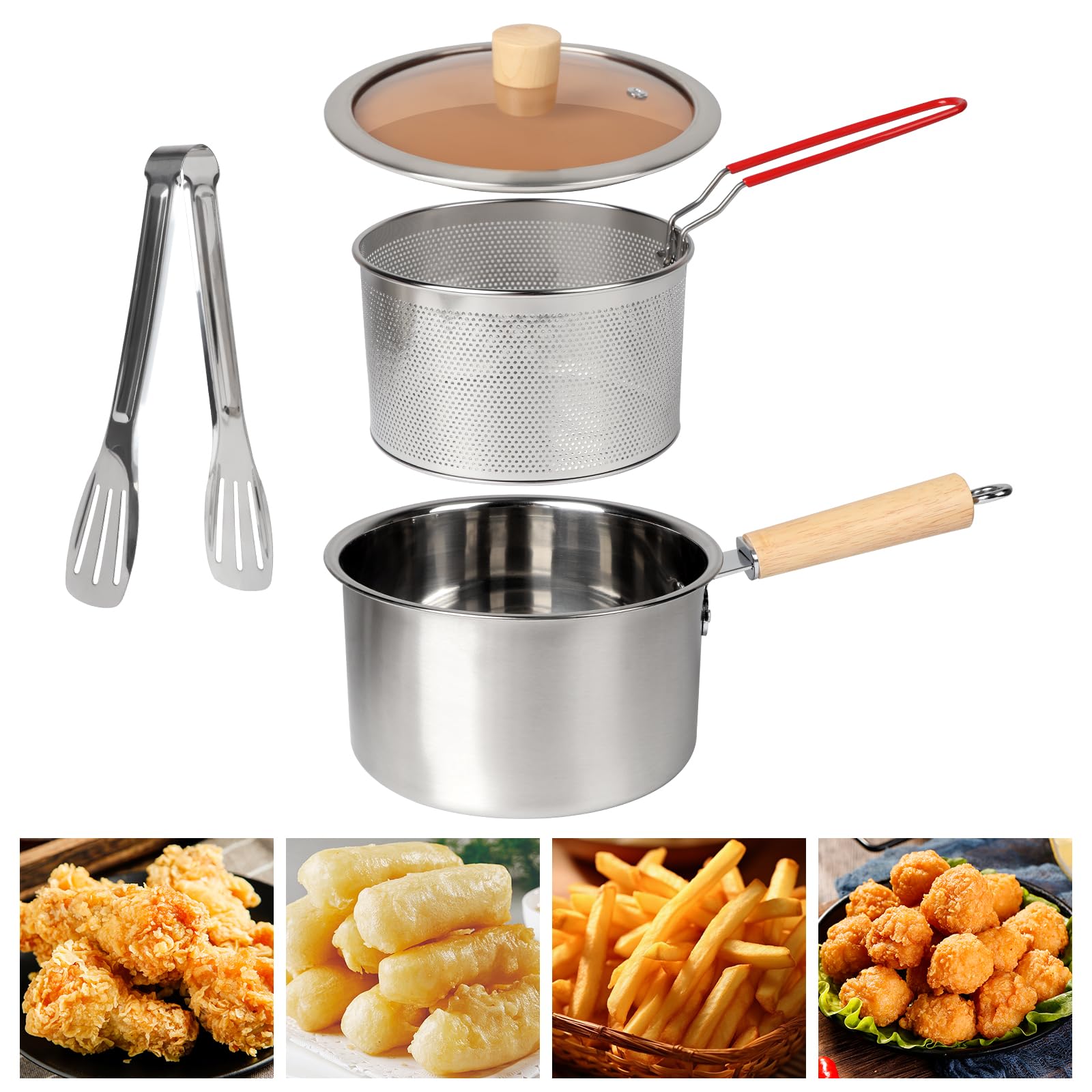 Deep Fryer Pot with Basket,Stainless Steel Mini Deep Fryer Pot with Lid and Clip,Japanese Style Tempura Frying Pan,Portable Large Capacity 2 in 1 Oil Strainer Pot for Kitchen Camping (20 * 10cm)