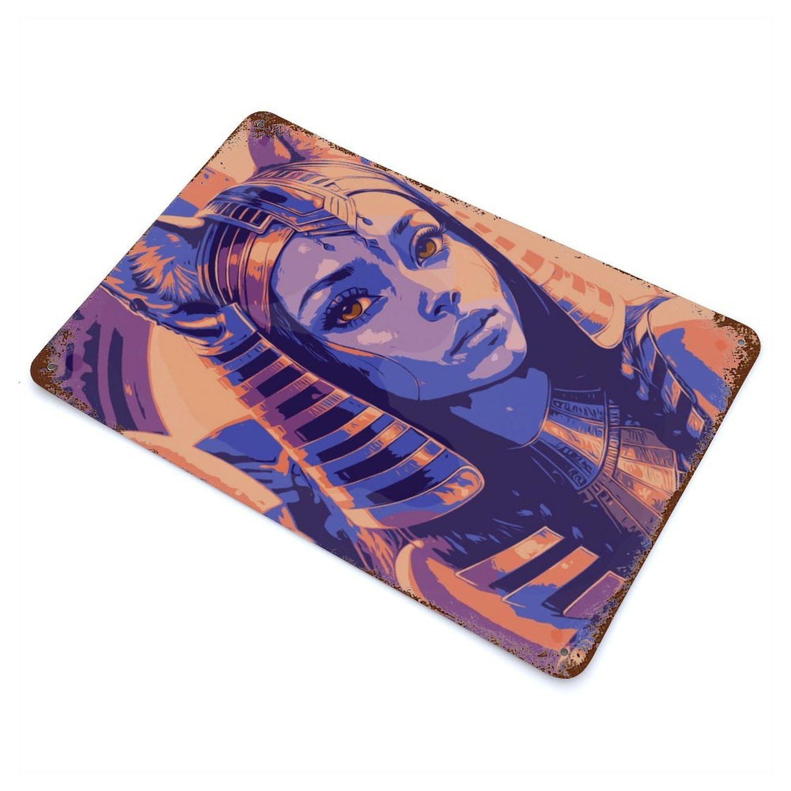 Distressed Metal Wall Sign with Cleopatra Design 11.8"x7.9", for Office, Studio And Wall Decor, Industrial Home Decor