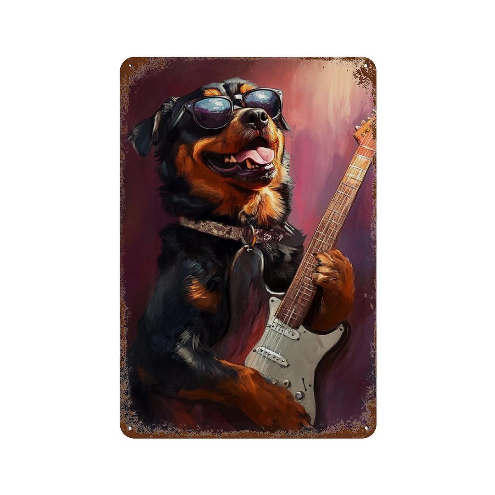 Garage Style Rock Star Dog Guitar Art Weathered Tin Sign 11.8"x7.9", Old School Wall Decor for Bar And Workshop