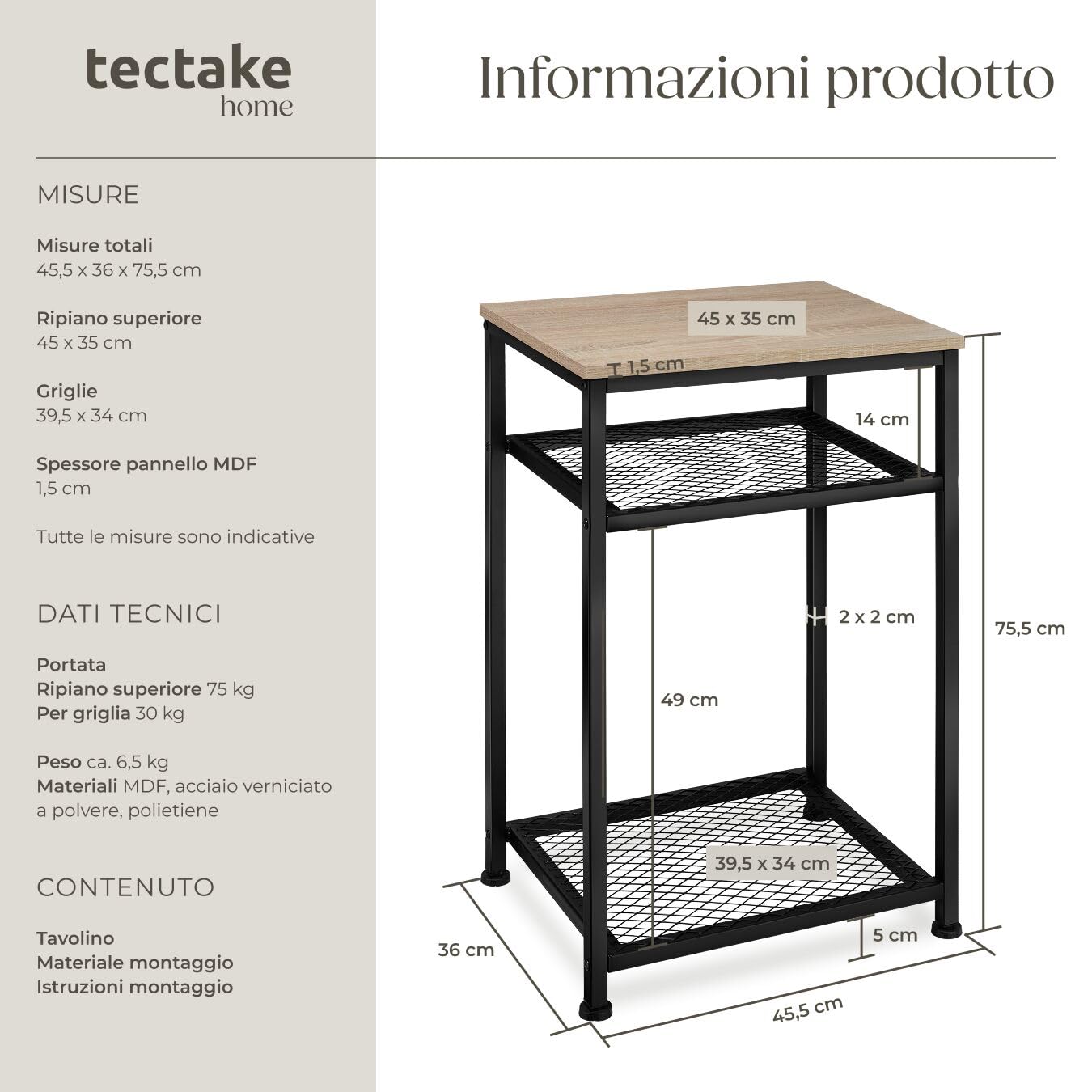 tectake® Tavolino salotto 45,5x36x75,5cm, Tavolino da divano, 3 Ripiani, Salotto, Soggiorno, Camera per Libri, Foto, PC, Piante e Bevande, Arredamento Casa, Ufficio - Legno Industriale Chiaro