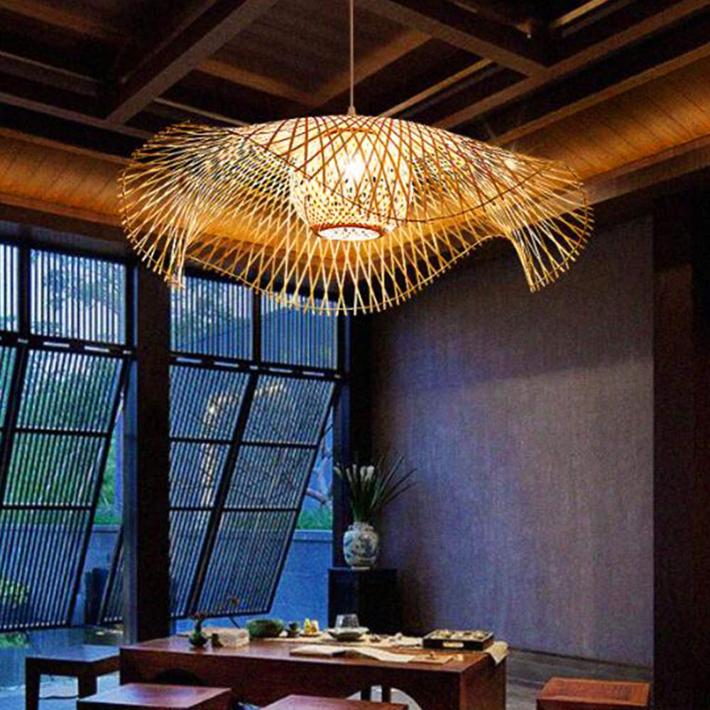 Plafonnier en Bambou Suspension Rétro E27 Lustre Rotin Naturel Éclairage Campagne Lampe Tissé à la Main pour Chambre Restaurant Salon Café Décoration Économie D'énergie,B,100cm