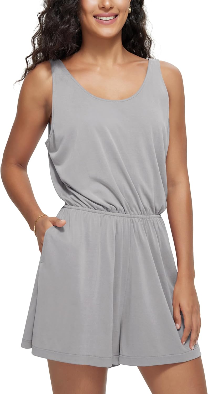ODODOS Women's Modal Soft Romper with Pockets Elastic Waist Sleeveless Outfit Summer Short Jumpsuits