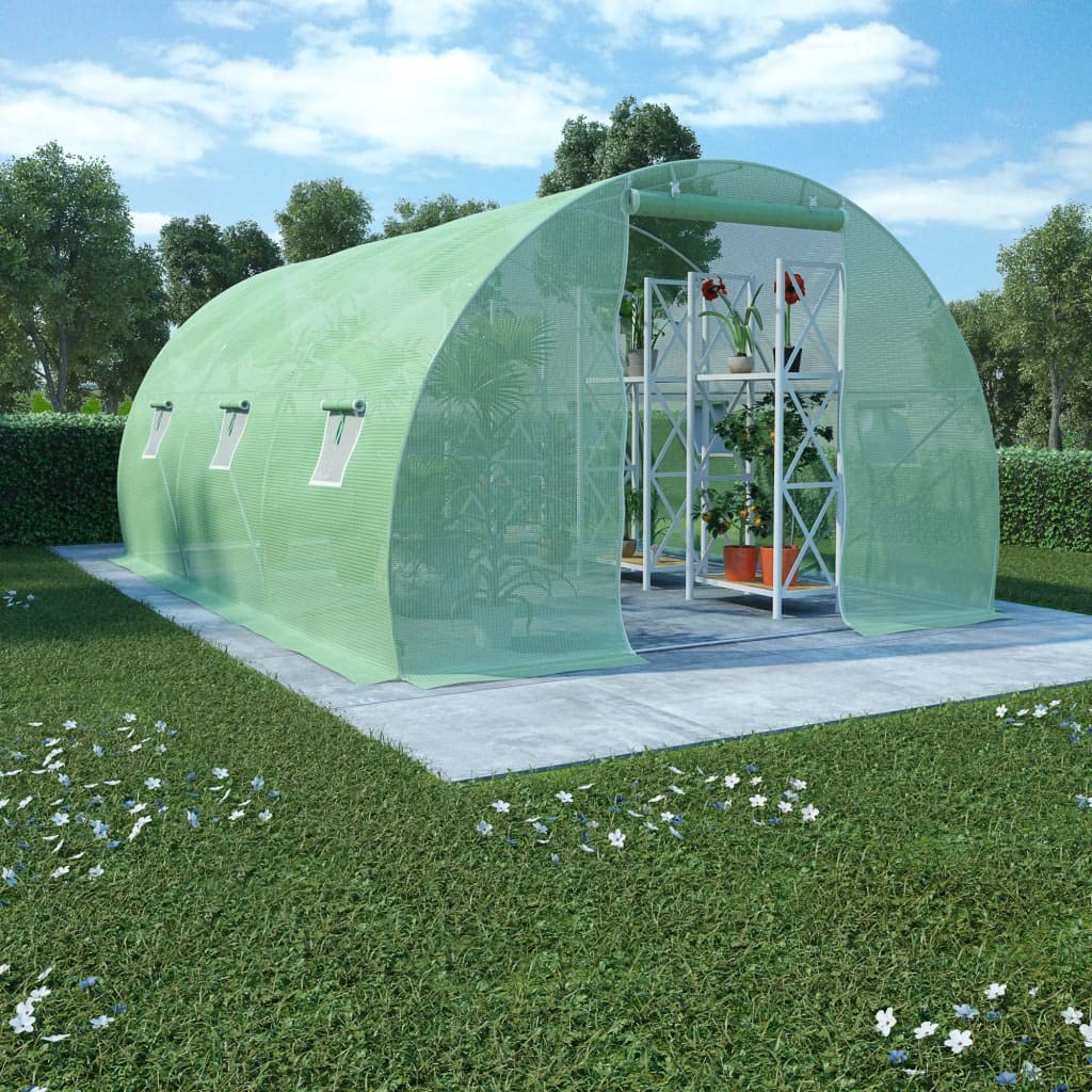 Szklarnia 13,5 m² z zieloną siatką z polietylenu o wymiarach 450 x 300 x 200 cm, ocynkowaną ramą stalową, 6 okien bocznych, 1 drzwi, odporny na warunki atmosferyczne domek dla roślin na