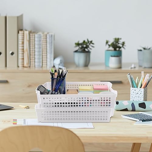 Miniatura 4 de Paquete de 6 bandejas apilables de papel de plástico, cestas de papel apilables para aula, color blanco