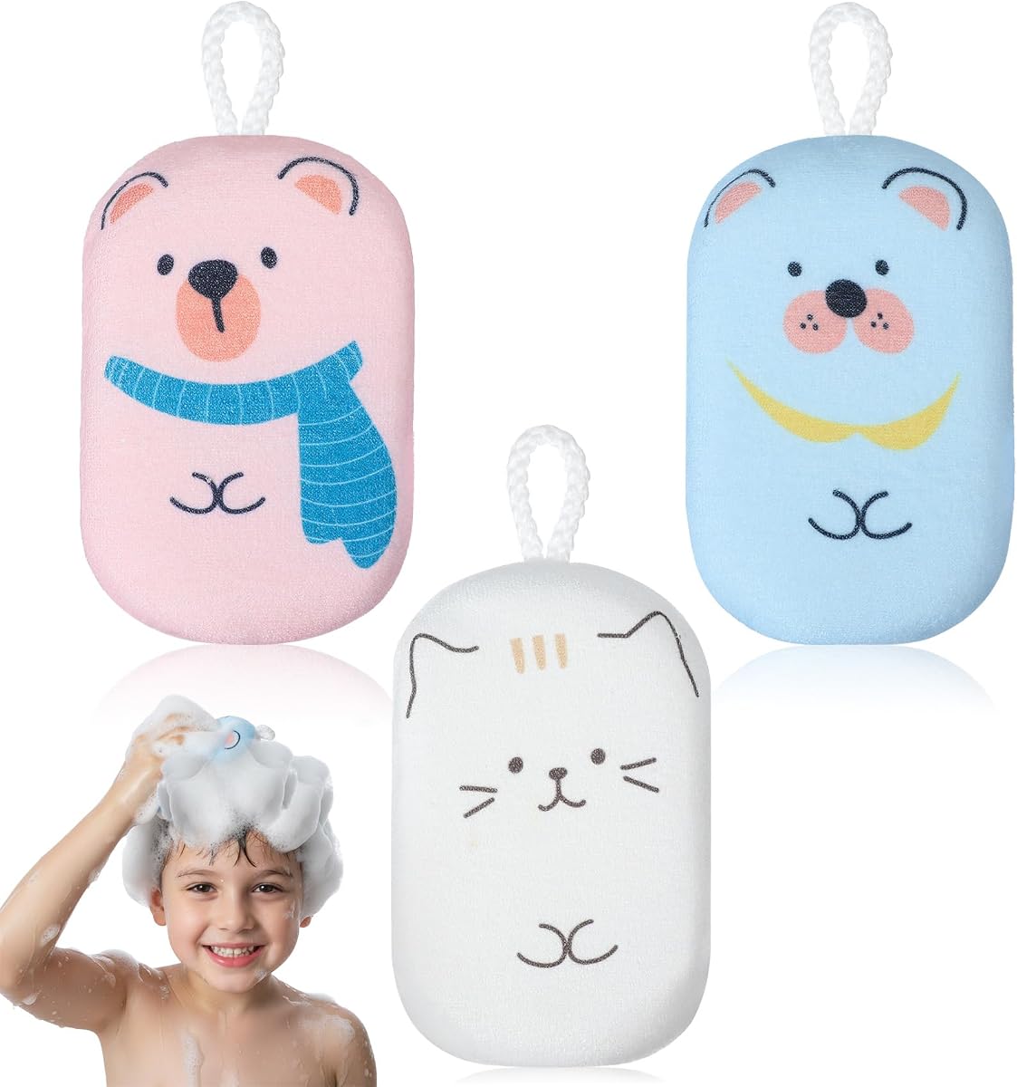 3 esponjas de lufa para niños, 5,5 x 3,1 pulgadas, esponja de baño de animales de dibujos animados para niños, esponja absorbente suave para baño de bebé para niños y niñas (rosa, azul, blanco)