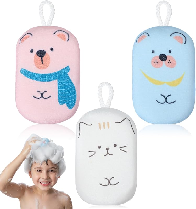 3 esponjas de lufa para niños, 5,5 x 3,1 pulgadas, esponja de baño de animales de dibujos animados para niños, esponja absorbente suave para baño de bebé para niños y niñas (rosa, azul, blanco)