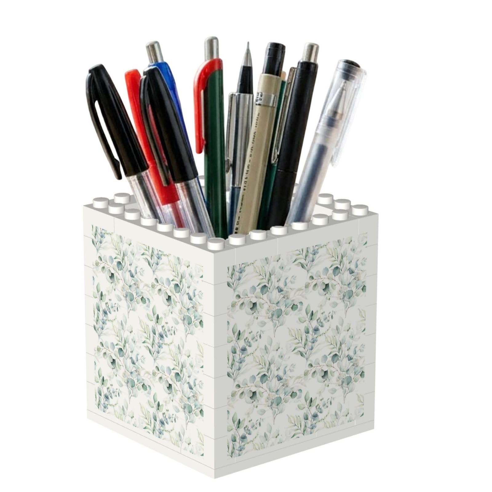 Poadnly Watercolor Green Floral Leaf Eucalyptus Round Leaves Succulent, Pen Pot Pencil Holder for Office Home School, Compact Desk Organiser for Office Stationery
