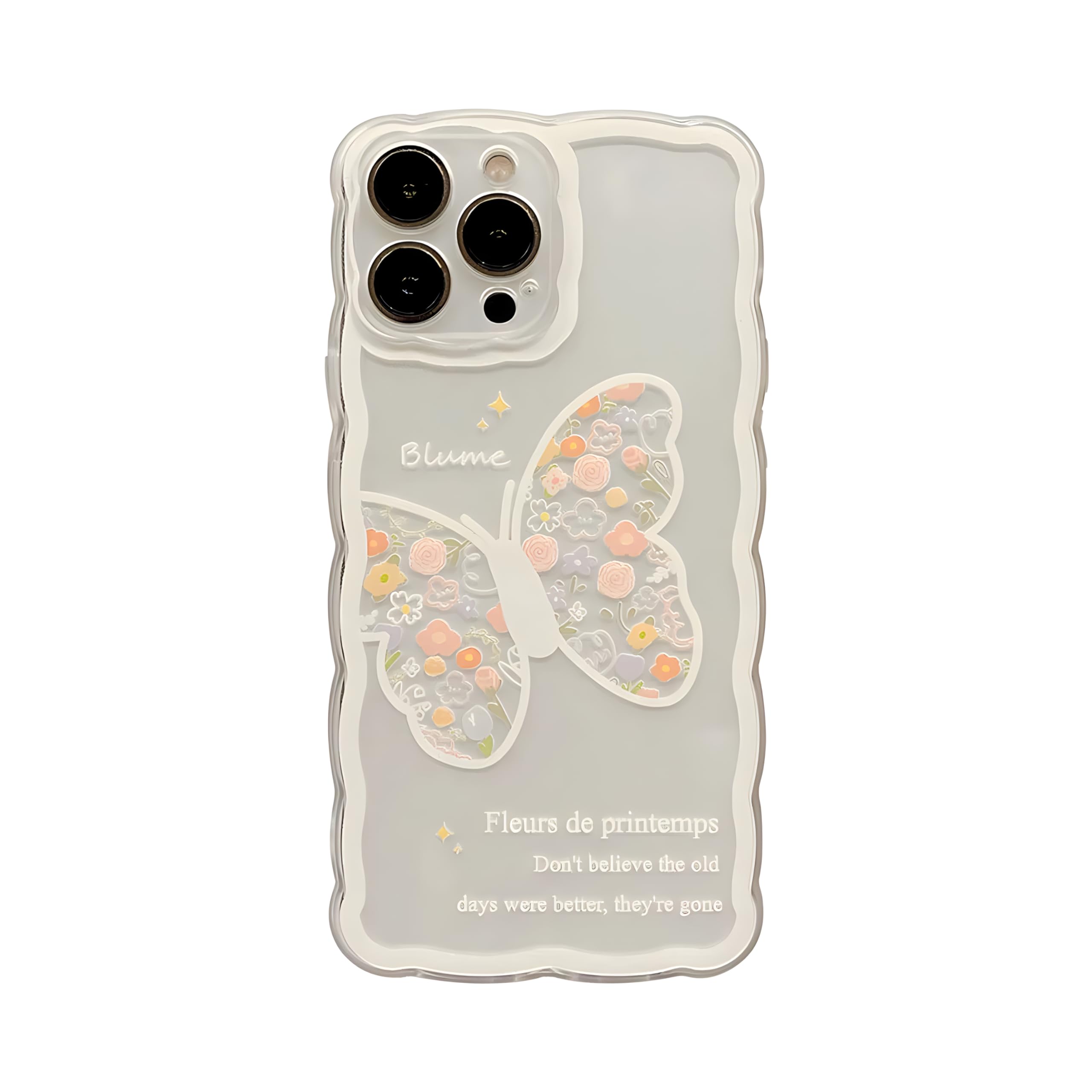Custodia trasparente per iPhone 15, con motivo floreale astetico, farfalla, silicone TPU, design con bordo ondulato, per ragazze, custodia protettiva per iPhone 15