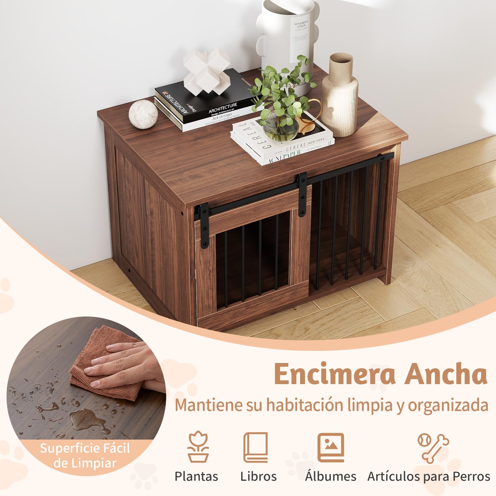 COSTWAY Jaula para Perros Medianos, 80x60x60 cm, Muebles de Jaula para Perros con Puerta Corrediza, Tubos Metálicos a Prueba de Masticar, Mesa Auxiliar Perrera para Mascotas Pequeñas Medianas (Marrón)