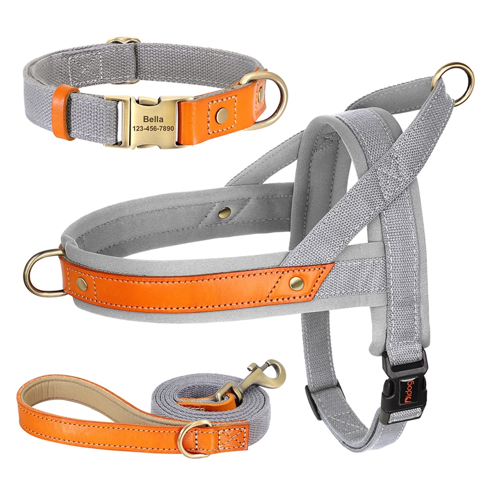 REYNEM Nylon Dog Collar Harness Leash Set No Pull Leather Puppy Dog Harness Pet Vest Strap For Small Medium Large Dogs French Bulldog (Color : Gray 3 Set, Size : XS) โ image 1