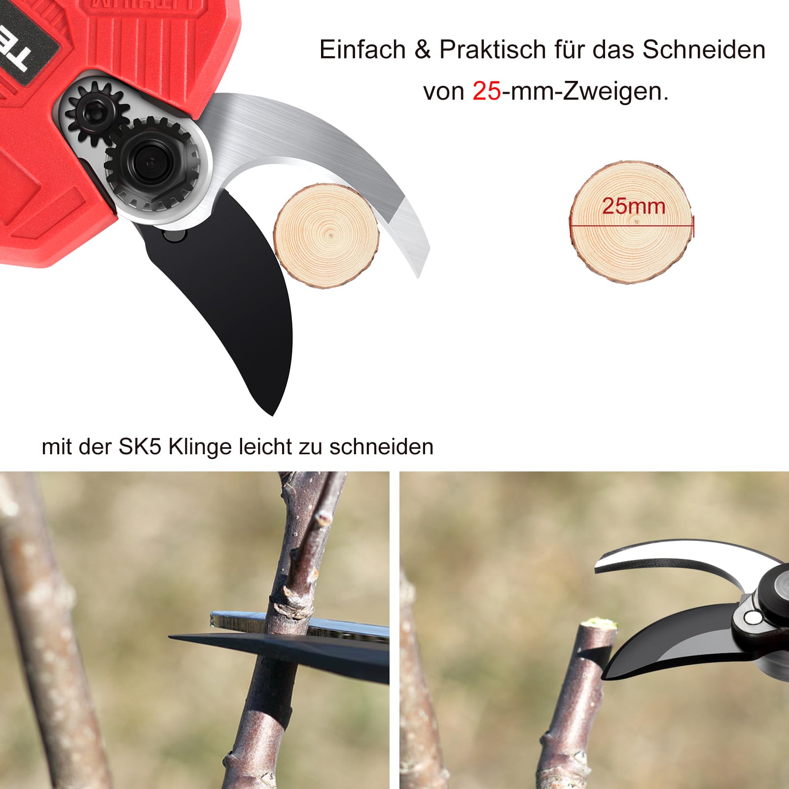 TEENO Elektrische Baumschere 21V, Professionelle Gartenschere MAX 25 mm Schnittdurchmesser, Schere Astschneider Rosenschere Kabellos mit Sicherheitsschalter, 1 * 2000mAh Akkus für 3-4 Arbeitsstunden