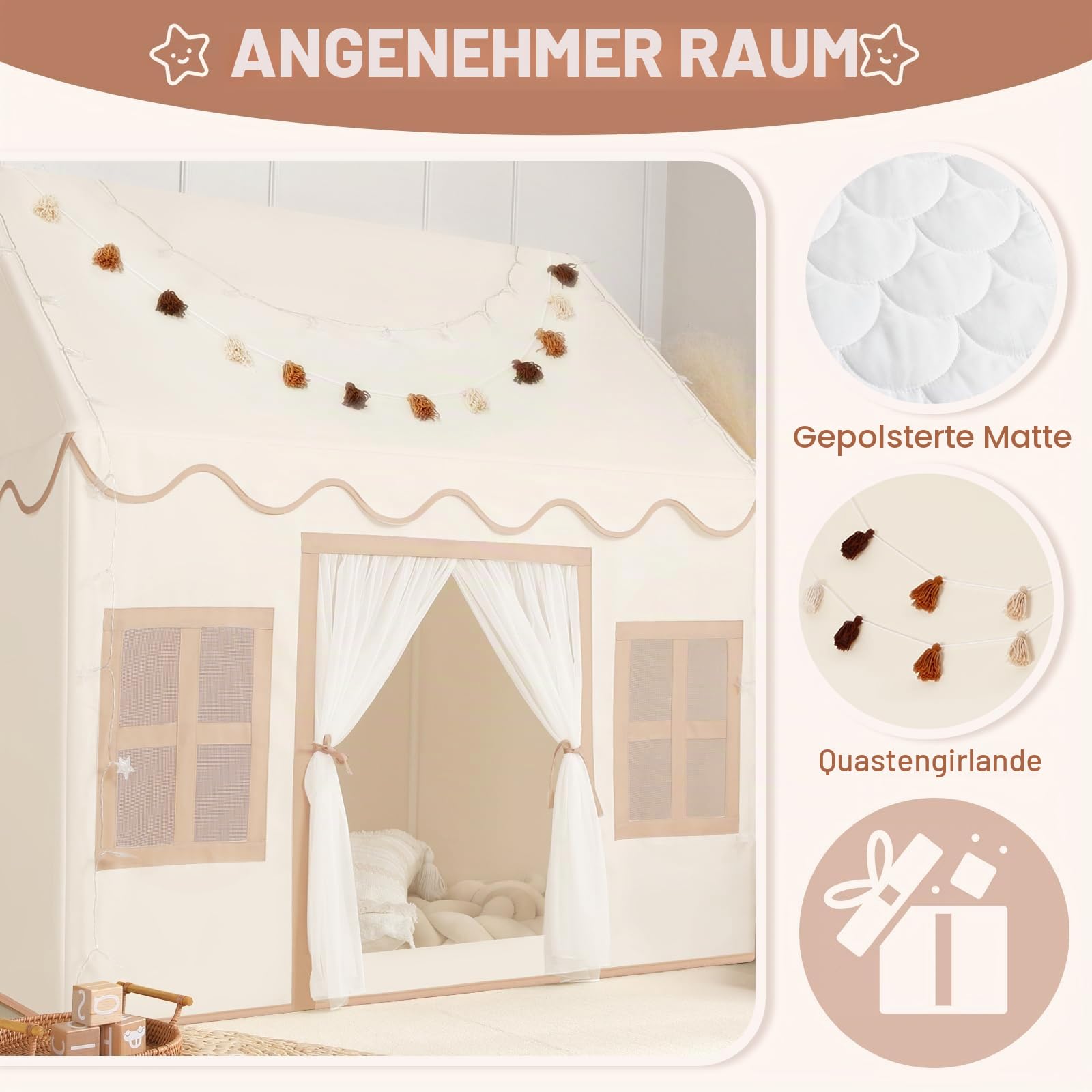 Wilwolfer Kinder Spielzelt mit Matte für Kleinkinder: Prinzessinnen Spielhaus mit Quastengirlande für Mädchen & Jungen - Großes Zelt für Indoor & Outdoor