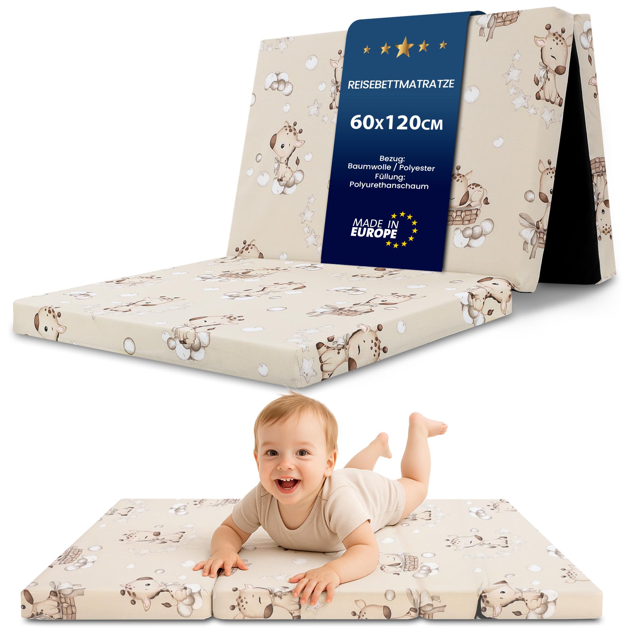 Totsy Baby Colchon Cuna Bebe Plegable 60x120 cm - colchoneta Cama Infantil de Viaje colchón Transpirable y colchones de Espuma con Funda Lavable 60 x 120 cm Jirafas