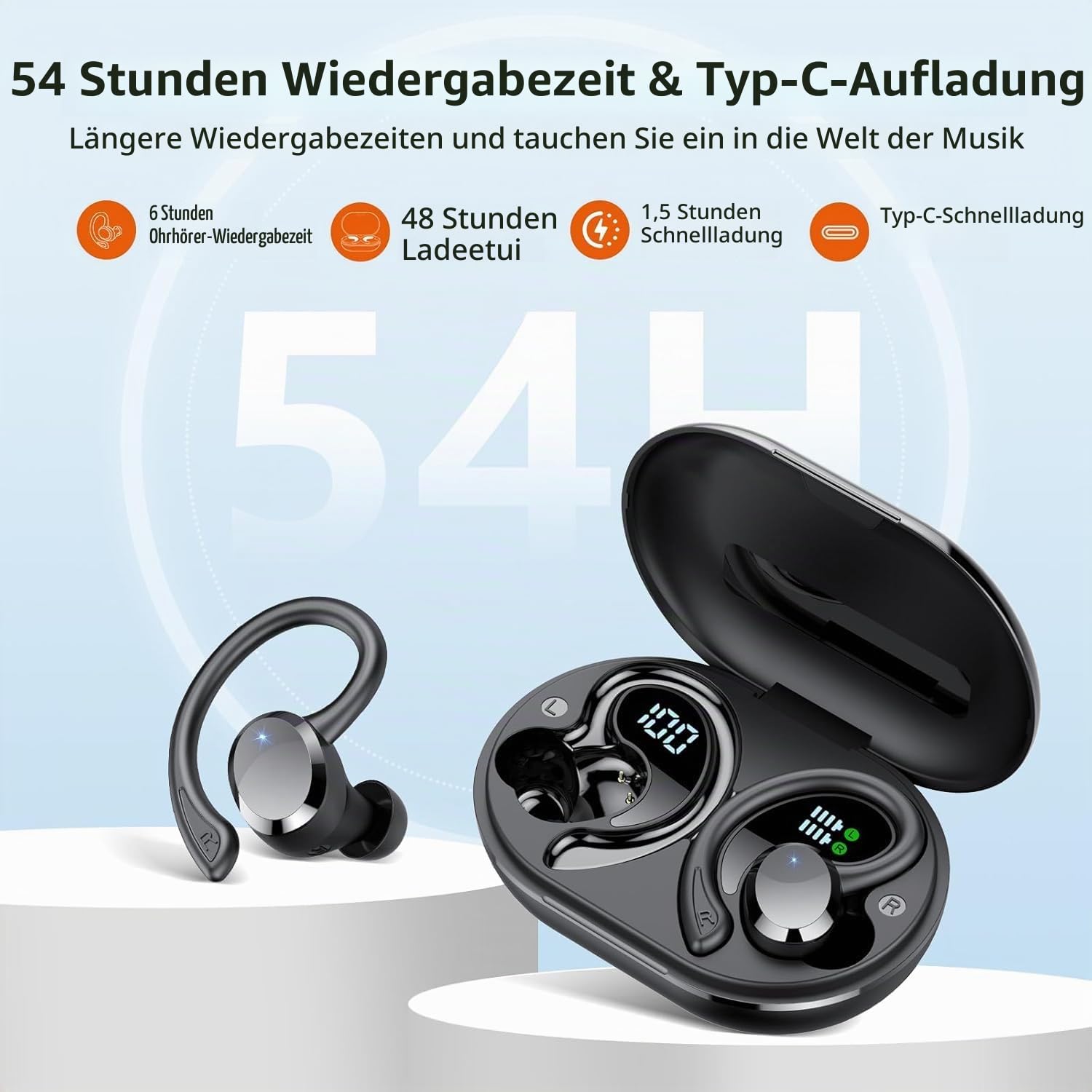 Bluetooth Kopfhörer Sport, Kopfhörer Kabellos Bluetooth 5.4 mit 4 ENC Noise Cancelling Mic, Kabellose Kopfhörer Hi-Fi Stereo Tiefer Bass Wireless Earbuds, IP7 Wasserdicht Ohrhörer LED Anzeige
