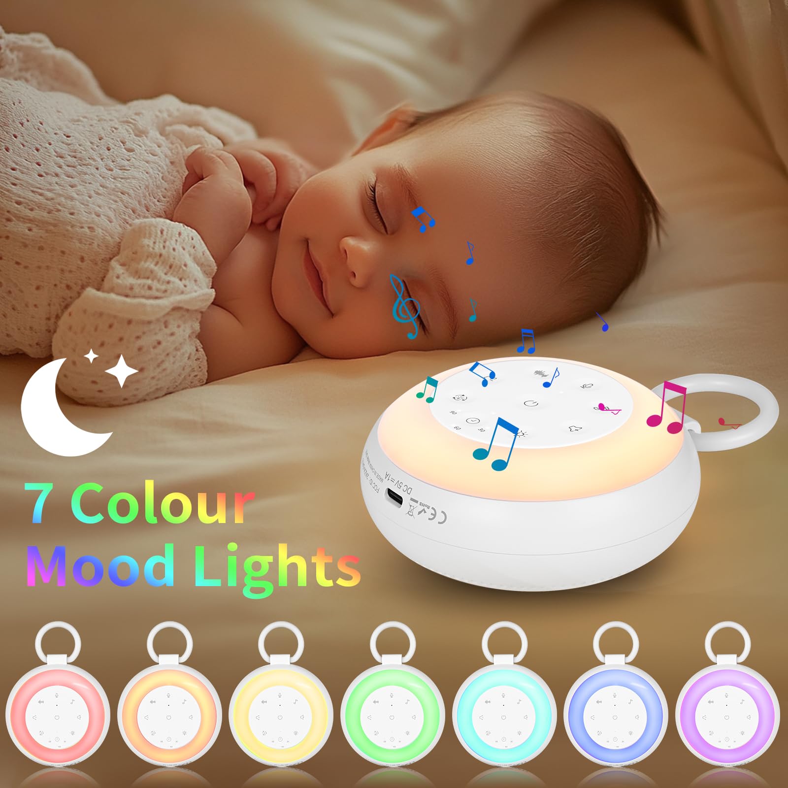 GuKKK Machine à Bruit Blanc, Machine Bruit Blanc Bébé, 24 Sons Apaisants Musicaux avec 7 Couleurs Veilleuse, Aide au Sommeil de Bébé, Minuterie et Mémoire, White Noise Machine pour Adulte