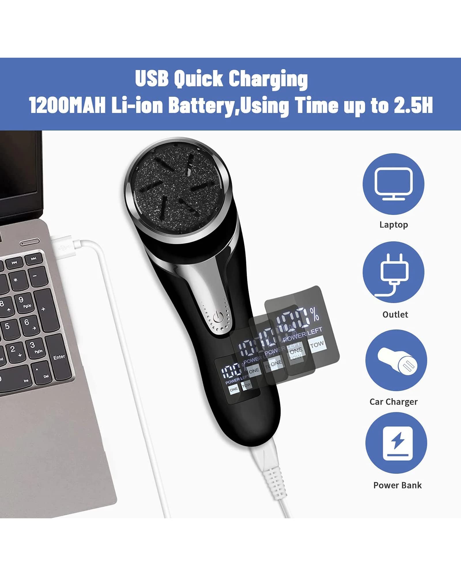 Lima de pie eléctrica portátil con Pantalla Digital LCD y removedor de Callos Herramienta USB para el Cuidado de los pies al vacío con 3 Cabezales de Rodillos y 2 velocidades, Blanco (Negro
