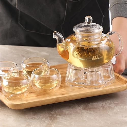 Miniatura 4 de Juego de teteras de cristal, 34 onzas33.8 fl oz, hervidor de té de vidrio con infusor de té suelto y calentador, juego de 4 tazas de té de doble