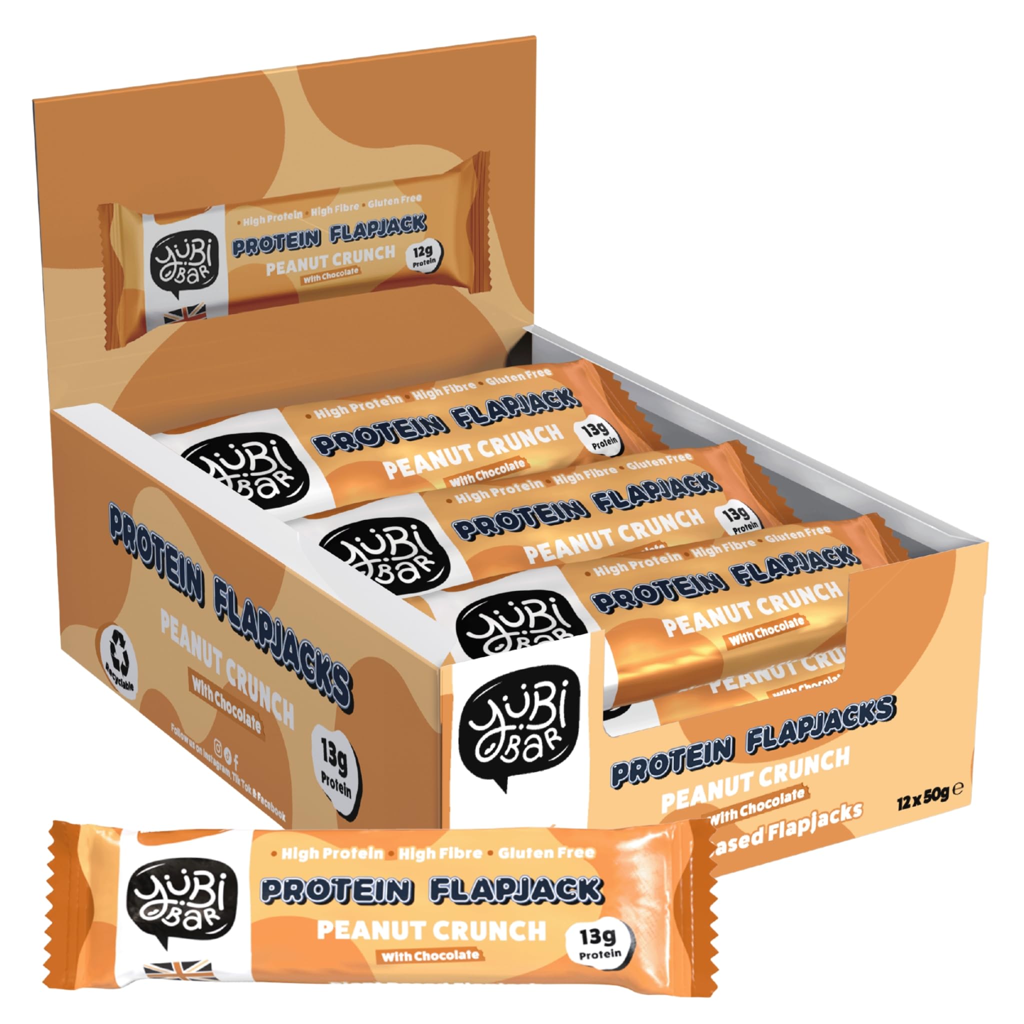 YuBi Protein Flapjacks - Peanut Crunch, 12 Bar Box, Protein Bars, 13g Protein, High Fibre, 2.3g of Sugar, Gluten Free and Dairy Free, 12x50g