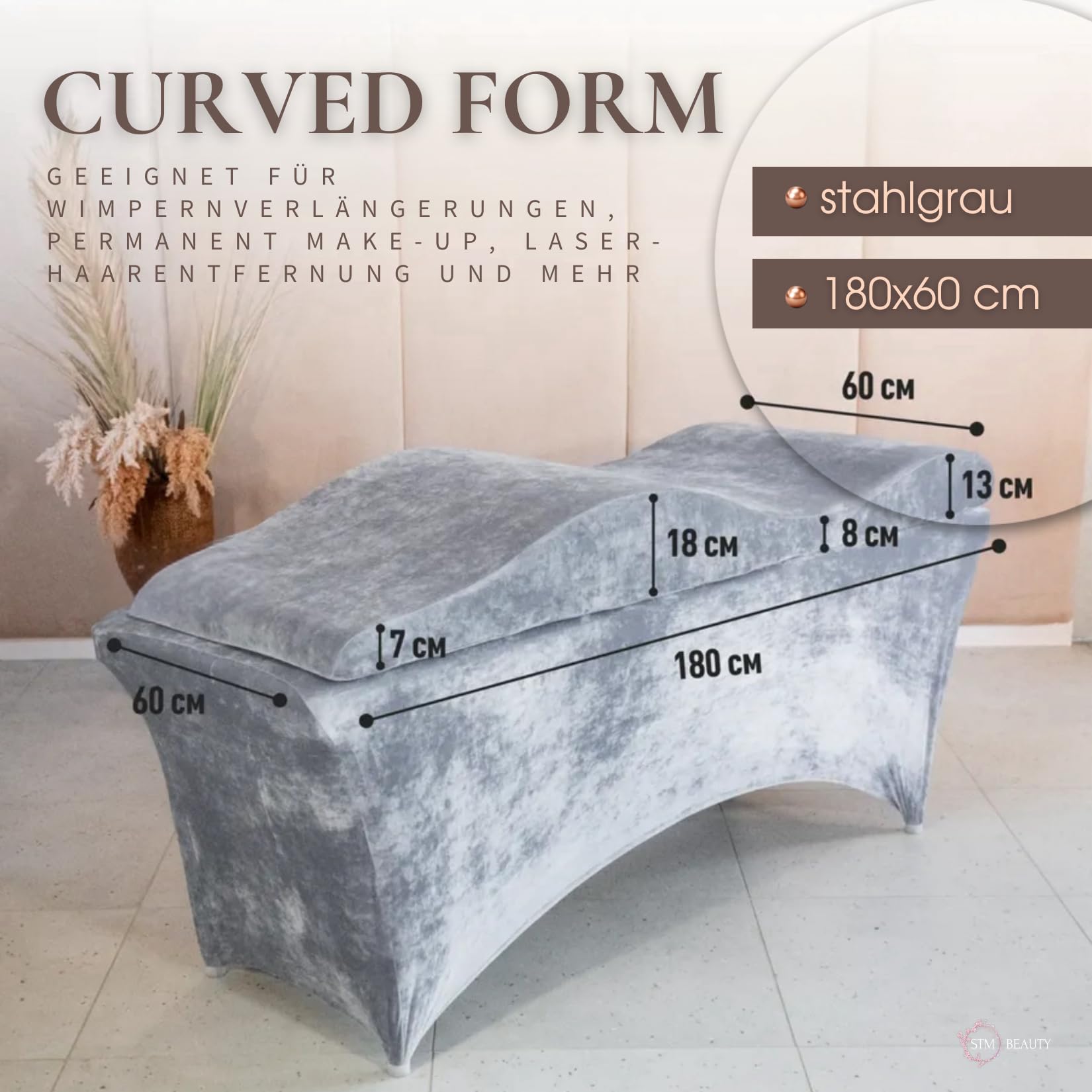 Materasso Wave con Memory Foam 180x60 per lettino cosmetico, massaggio, tavolo Spa, rivestimento in velluto, colore: grigio acciaio - Attrezzature per estetista