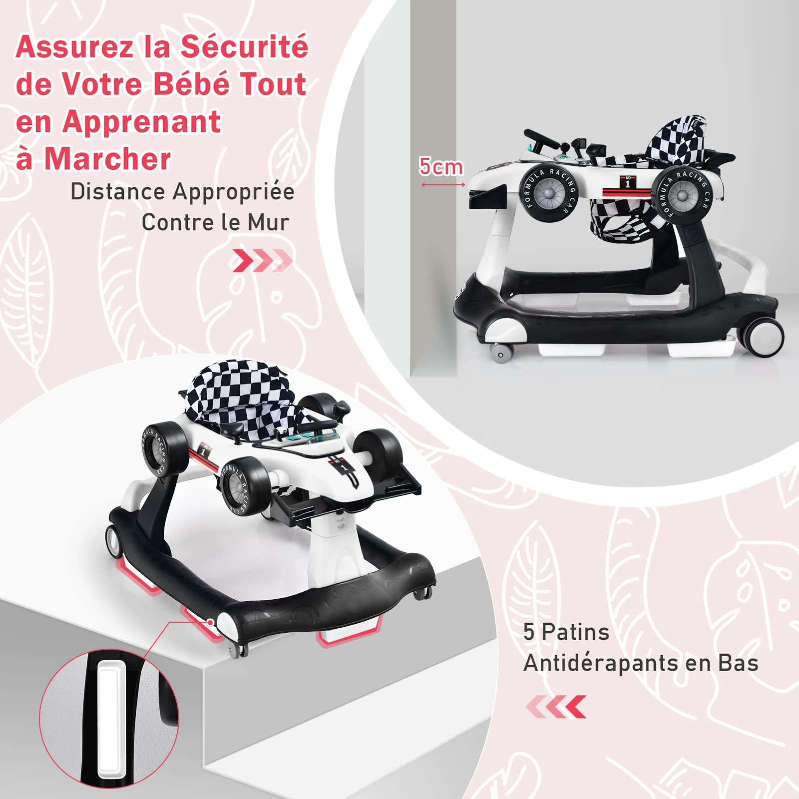COSTWAY Trotteur Bébé Garçon Pliable 4 en 1 avec 3 Hauteur Réglable, Trotteur Marche Bébé Garçon Évolutif avec Musique & Lumière, Roues Silencieuses, 5 Patins Antidérapants pour 6-18 Mois(Blanc) - 4