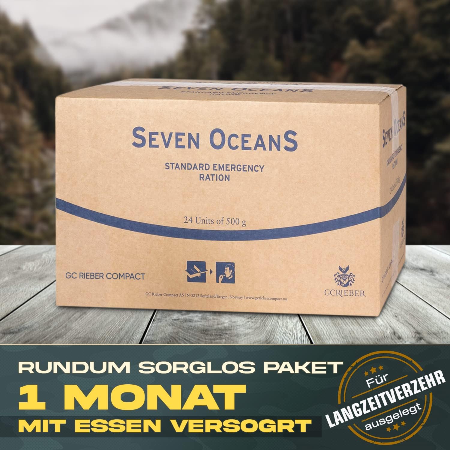 SEVEN OCEANS - Alimento di emergenza alimentare XXL [24 x 500 g] massima durata per scorte durature, per attività all'aperto, ricco di energia e calorie