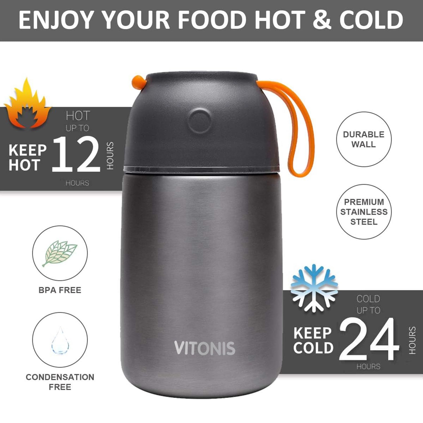 Boîtes Alimentaires Isothermes Set 500ml+700ml, Boîte Isotherme Repas Chaud en Acier Inoxydable avec Cuillère, Thermoisolant Boîte Récipient Thermique sans BPA pour Ecole Bureau, Noir