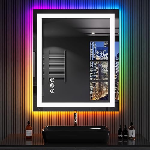 Miniatura 2 de LOAAO Espejo de baño LED de 30 x 36 pulgadas con luces, antiniebla, regulable, retroiluminación RGB + iluminación frontal, espejo de tocador de baño