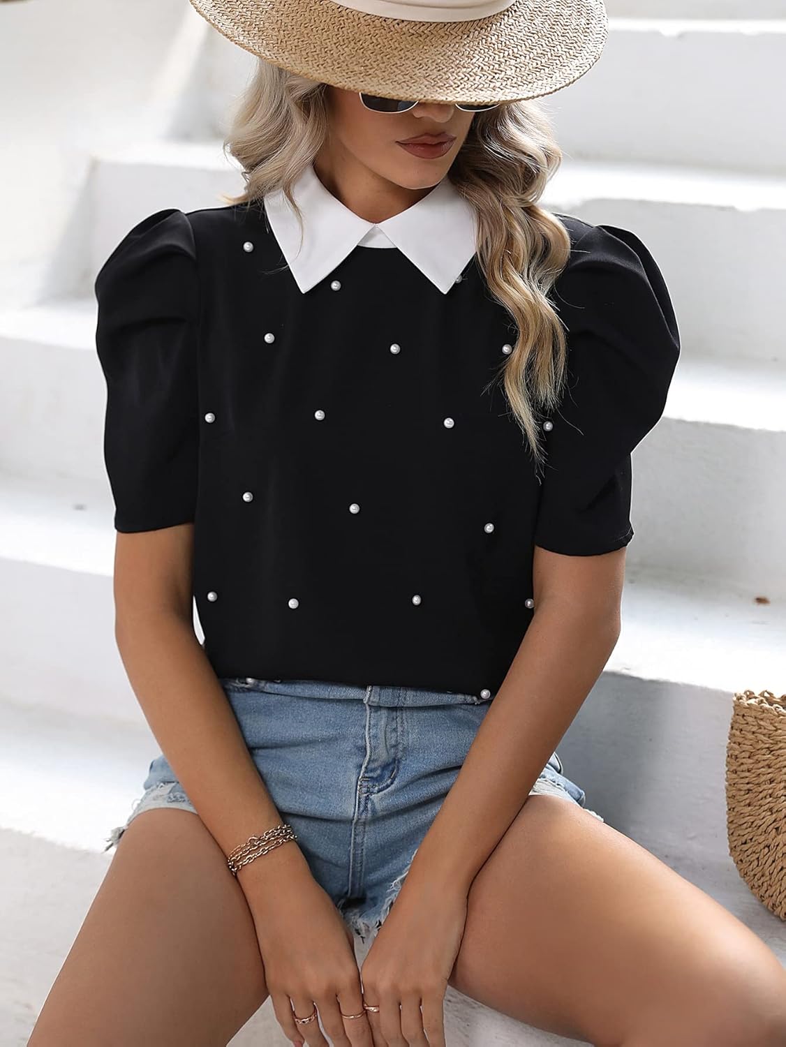 OYOANGLE Women's Casul Puff Short Sleeve Collar Work Blouse Top Shirts - Image 6