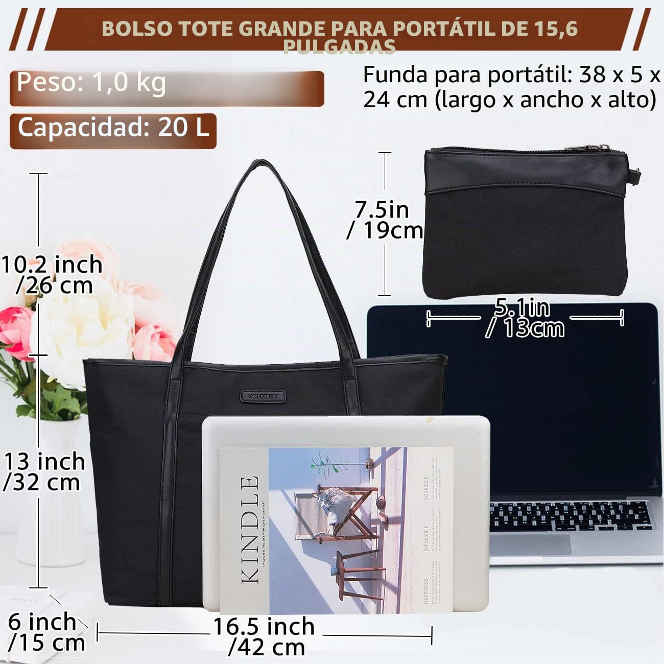 VX VONXURY Bolso Portátil Grande para Mujer 15.6 Pulgadas con Bolsa Pequeña - Bolso Tote Shopper para Trabajo, Universidad y Compras