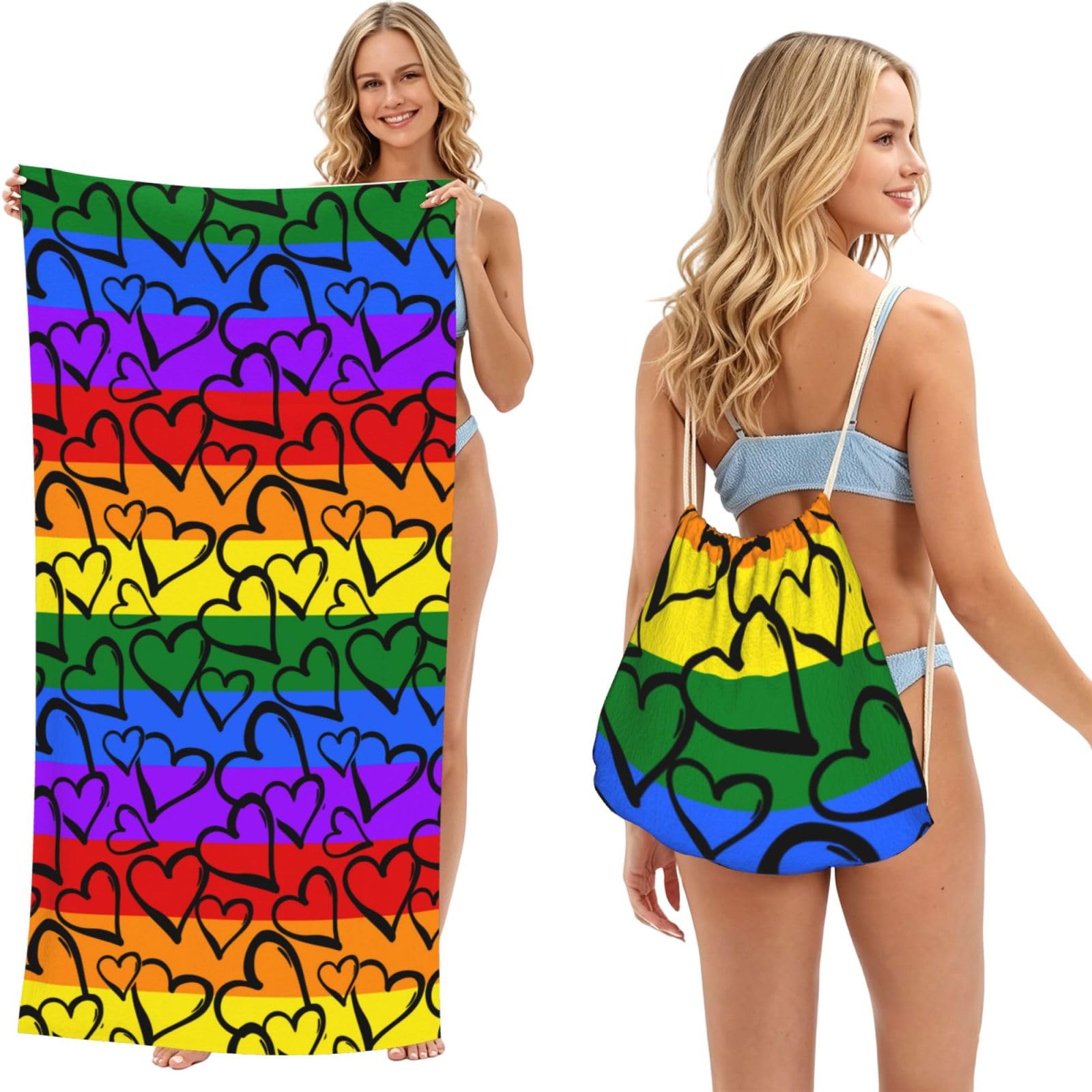 Poadnly As Picture Gay Pride Rainbow Colored Hearts, 2 In 1 Packable Towel Bag, Beach Towels With Drawstring Backpack For Travel Holiday Camping