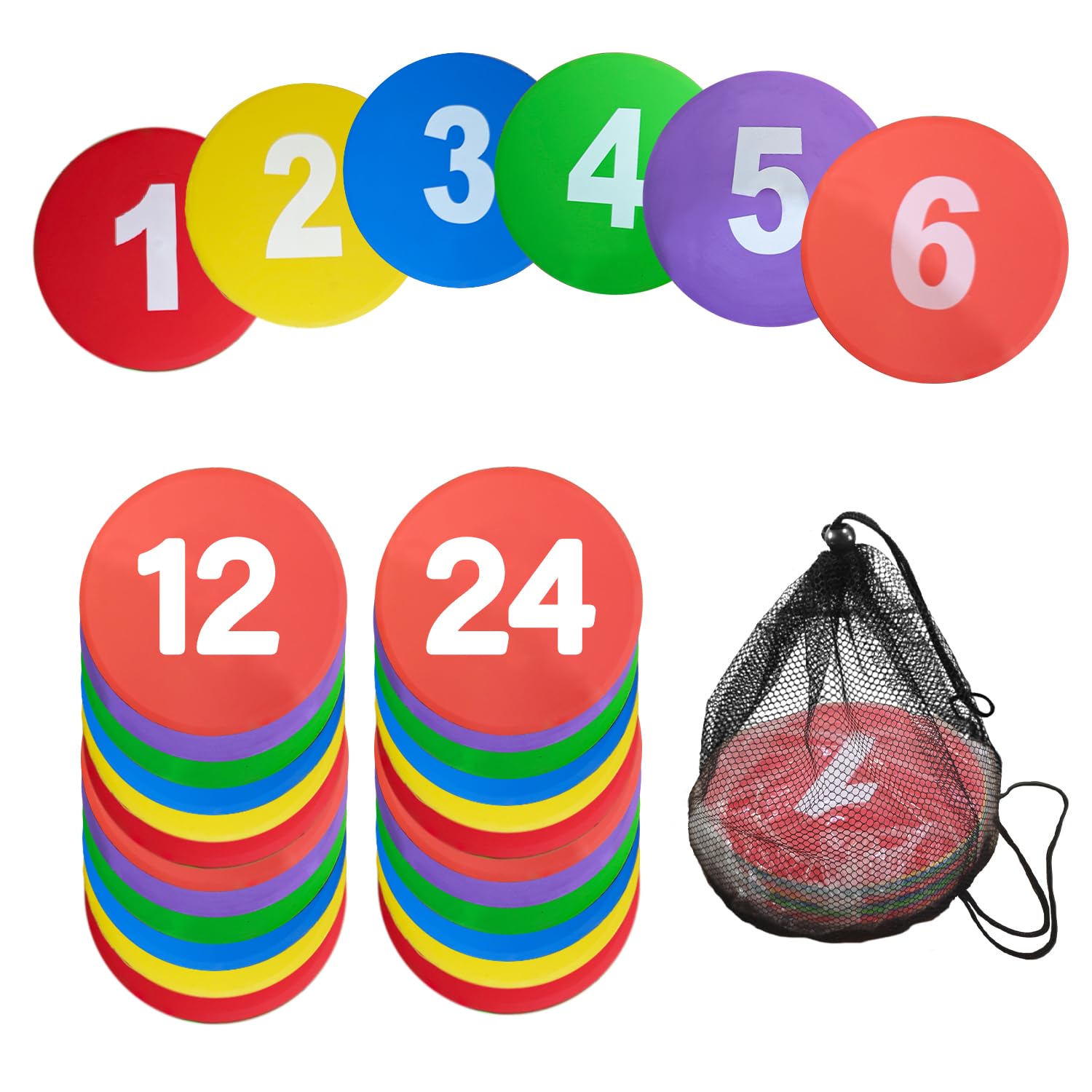 TNZMART Spot Markers Multicolor Number Football Yard Markers Anti-Slip Floor Spot Markers for Soccer Training (1-24)