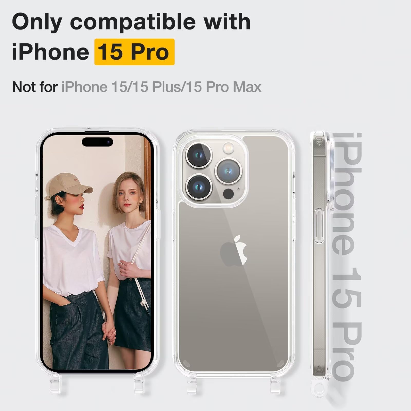 GOODVISH Cover Trasparente con Cordino per iPhone 15 Pro, Custodia con Regolabile Collana per iPhone 15 Pro 6.1'', [Antiurto] [AntiGraffio] [Antiscivolo] Case con Laccio Tracolla, Grigio