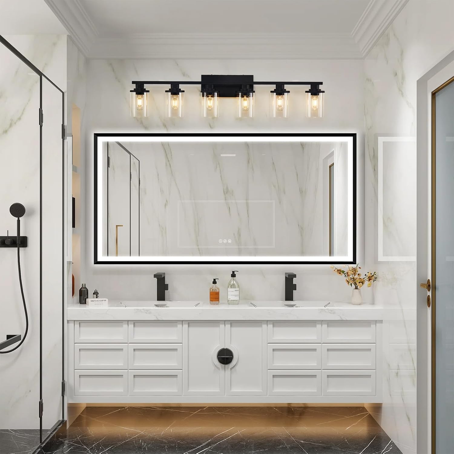 6 Light Matte Black Bathroom Vanity Light Fixtures with Clear Glass and Metal Base, Black Vanity Lights over Mirror for Bathroom
