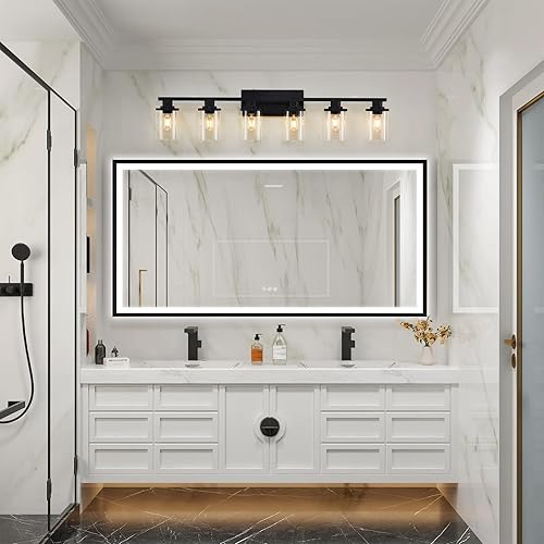 Miniatura 7 de stambord 6 lámparas de tocador de baño de color negro mate con base de vidrio transparente y metal, luces negras para tocador de baño sobre espejo