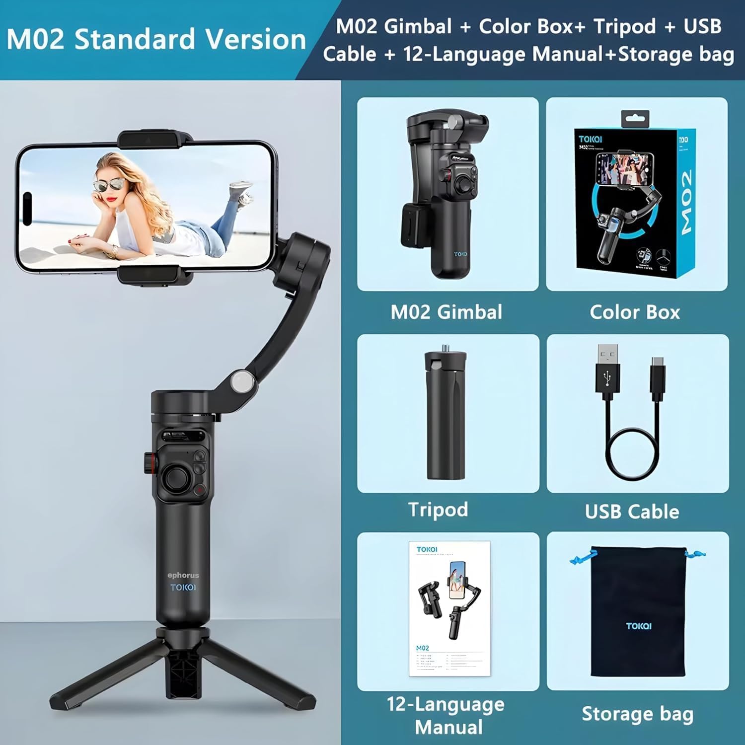 Diagram showing the M02 Standard Version package contents including gimbal, color box, tripod, USB cable, 12-language manual, and storage bag.