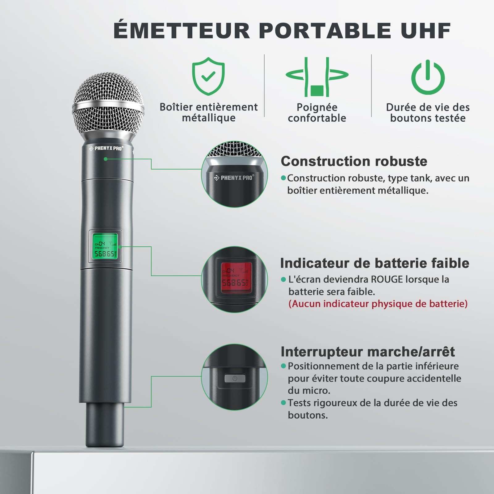 Phenyx Pro Système de Microphone sans Fil UHF 4 canaux avec Quatre micros Portables, Construction entièrement métallique, PTU-5000A