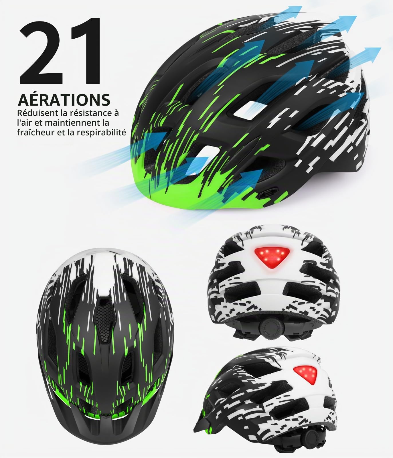 Casque Vélo LED AR & Visière, 21 Aérations, 57-61 cm | Léger, pour homme et femme. Usage route & montagne. Visière amovible, taille réglable