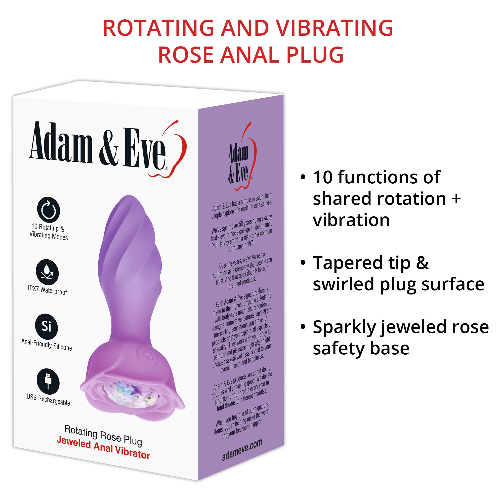Adam and Eve Rotating Rose Plug Jeweled Anal Vibrator, Vibrating Metal Backdoor Plug, USB Rechargeable with Jewel Base, Temperature Play, 4 Vibration Modes, Comfortable for Beginners to Advanced Users