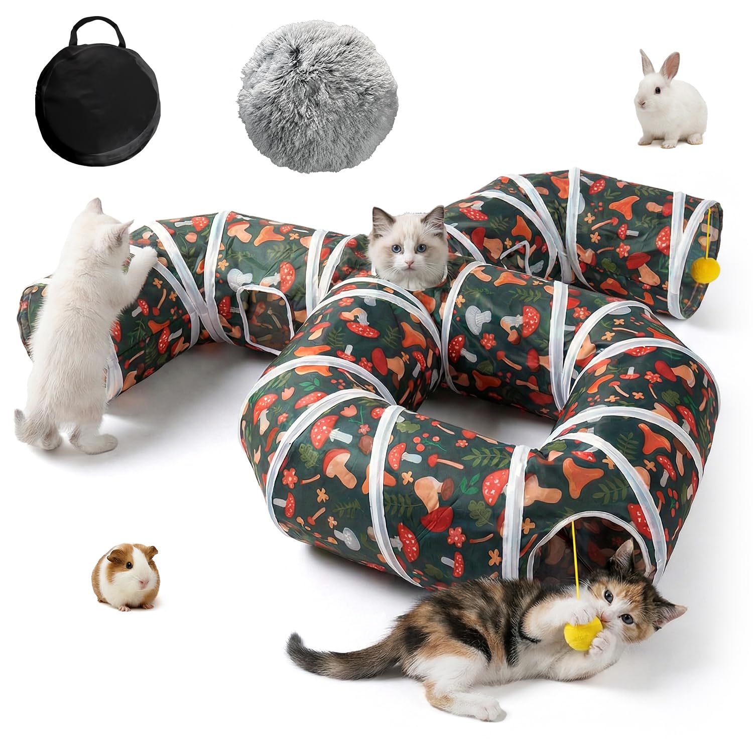 Cat Tunnel for Indoor Entertainment,Tear-Resistant Cat Play Tube with Play Ball, Collapsible Pet Tube with Interactive Peephole, Ideal for Kittens Puppies Rabbits (Octopus-Shaped with mat)
