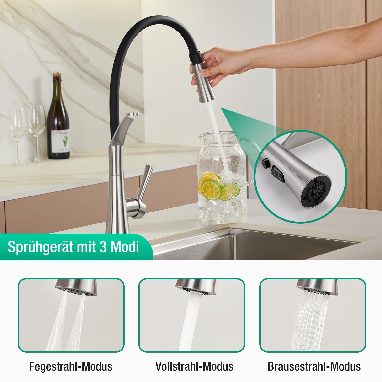CREA Wasserhahn Küche mit 3 Funktionen Brause,Mit Herunterziehbare Brause | Küchenarmatur mit Brause Ausziehbar, 360° Drehbare Mischbatterie Schwarz, Spültischarmatur mit Praktischer Bürste, Edelstahl