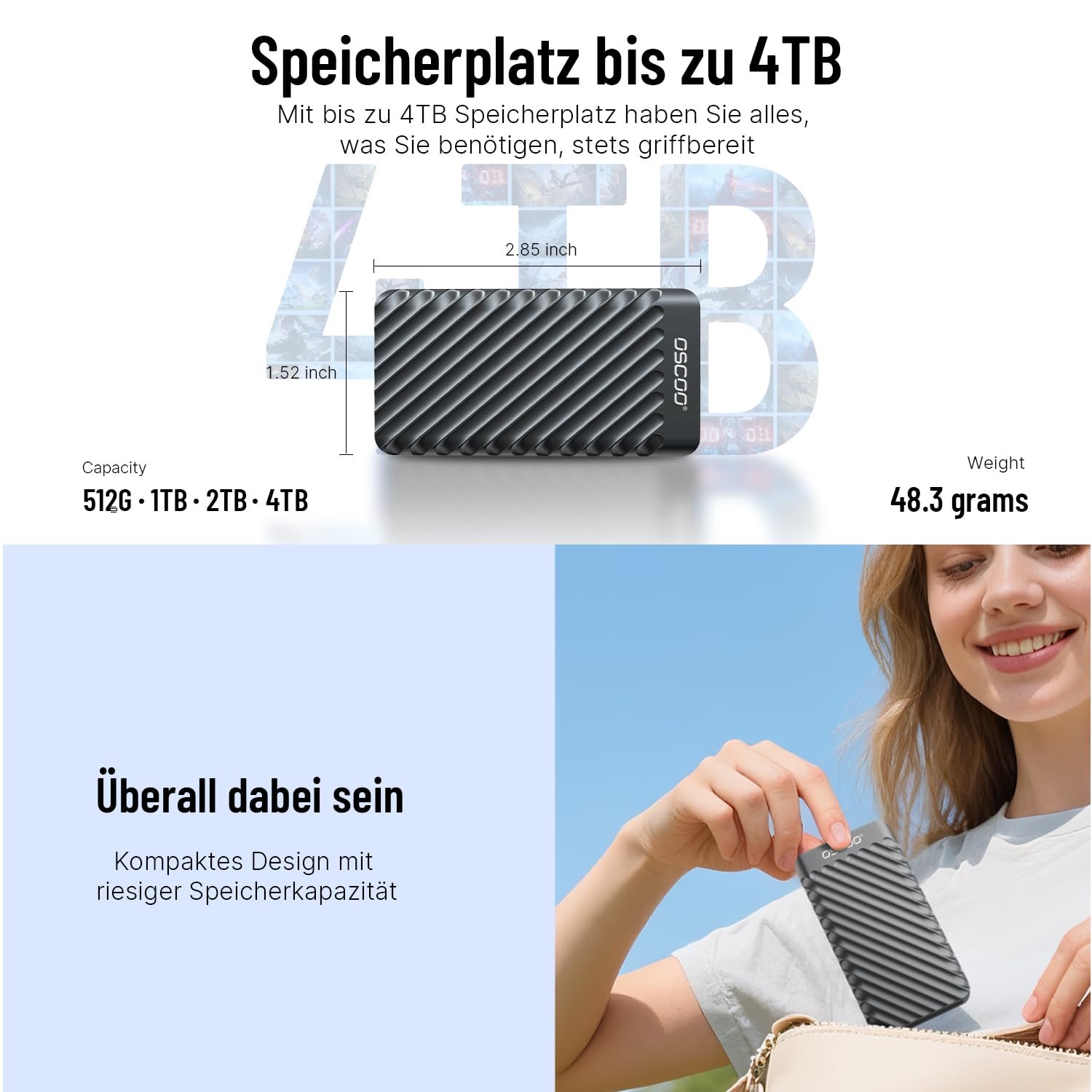 1TB SSD Festplatte Extern USB 3.2 Gen 2x2 Tragbare Festplatte Bis zu 2000 MB/s Duale USB Stick USB-A&USB-C Externer Speicher Kompatibel Android, Laptops, Tablets, Smart-TVs