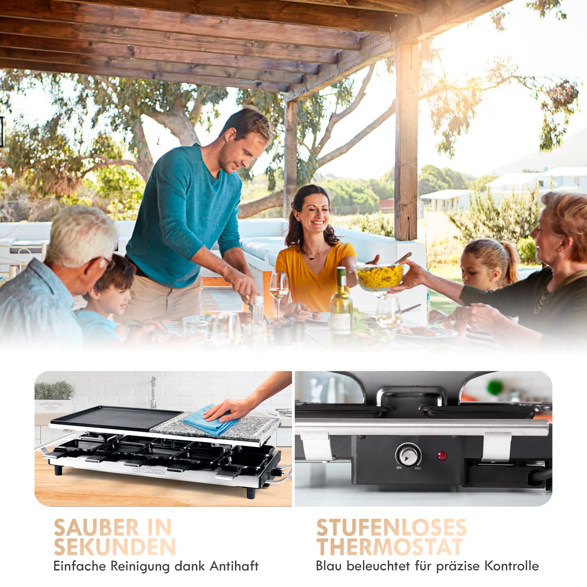 ProfiCook Grill raclette 2in1, raclette 10 persone, raclette con piano in pietra e piano cottura, antiaderente, impugnature isolate termicamente, termostato continuo,1700 Watt, acciaio inox,PC-RG 1144