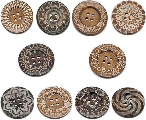 HOUSWEETY 20 botones de costura grandes de madera con patrón mixto de 4 agujeros para suéter de abrigo de 2.4 in
