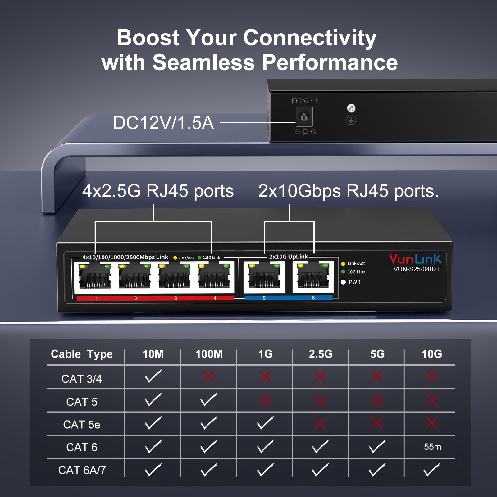 6-Port Multi-Gigabit Ethernet Switch, 4×2.5G + 2×10G High-Speed Ports, Unmanaged 10G/2.5G Netzwerk-Switch für Zuhause & Büro, Plug & Play, Desktop/Wandmontage, leises lüfterloses Metalldesign