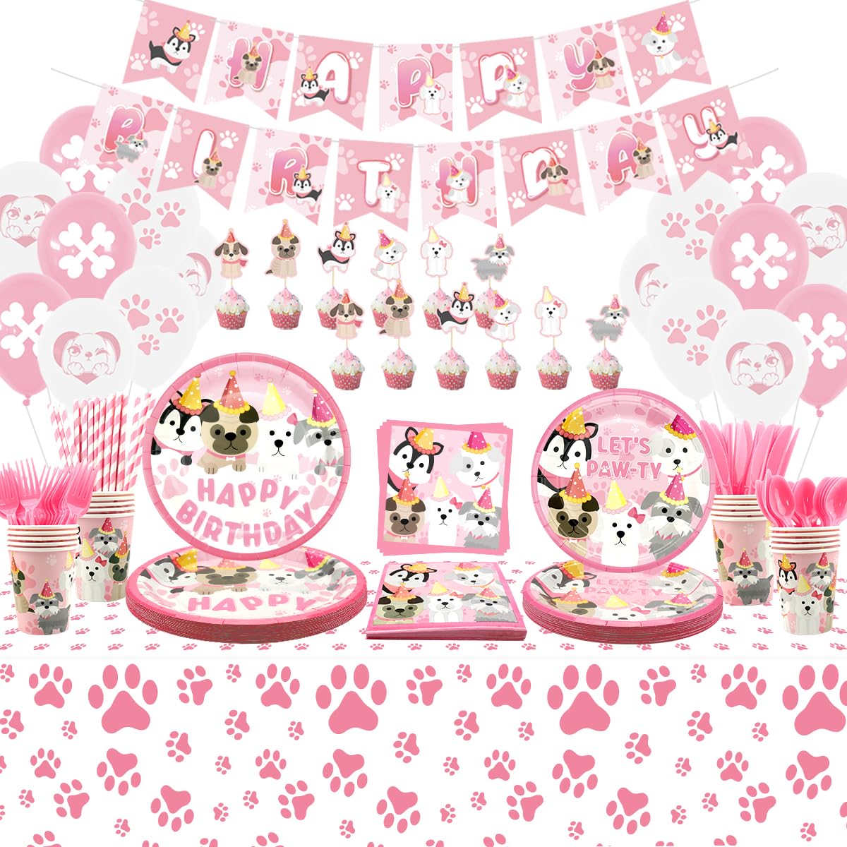 Dog Party Decorations - Dog Birthday Paw Prints Party Supplies for Girl, Pink Puppy Plates, Cups, Napkins, Dog Paw Tablecloth, Banner, Balloons, Cake