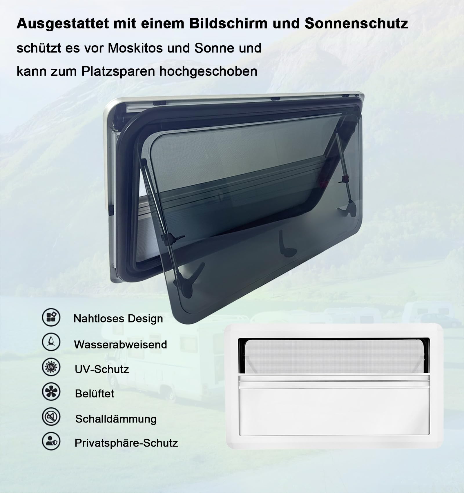 Wohnmobil Fenster Wohnwagen Fenster 900x450 mm - Ausstellfenster Camper Wohnmobilfenster Externes Push Fenster mit Integriertem Rollo und Fliegengitter für Alle Arten von Fahrzeugen
